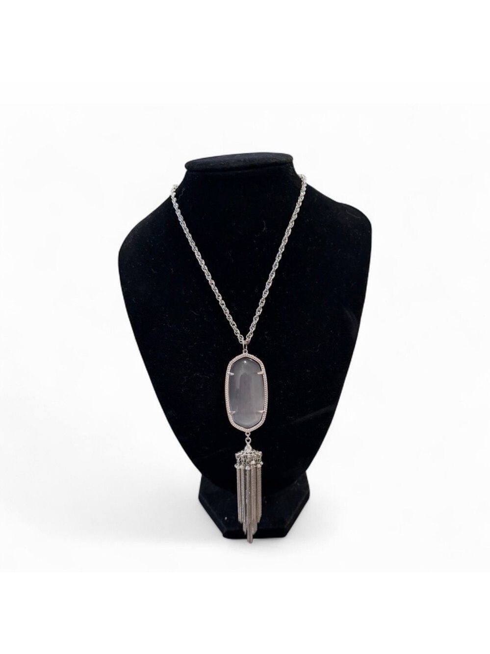 Kendra Scott Rayne Long Silvertone Pendant with Slate Gray Stone EUC